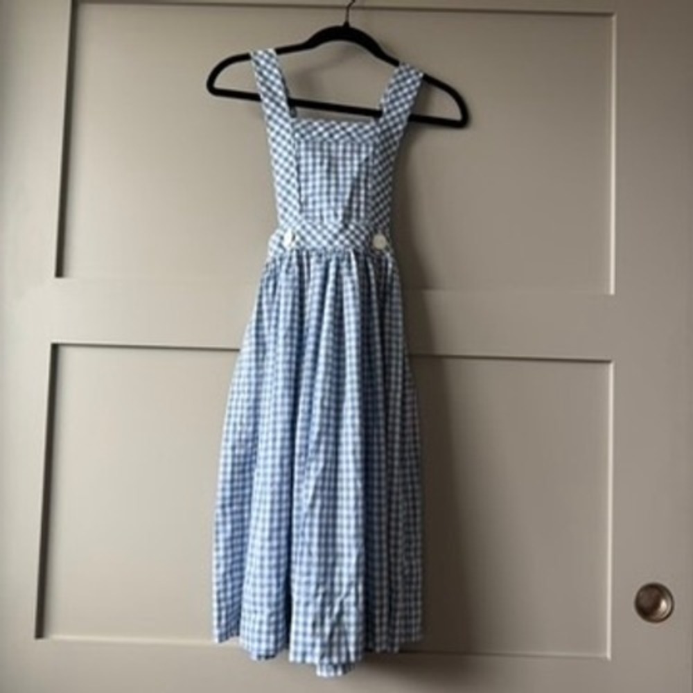 Blue Gingham Midi Dress with Wide Straps